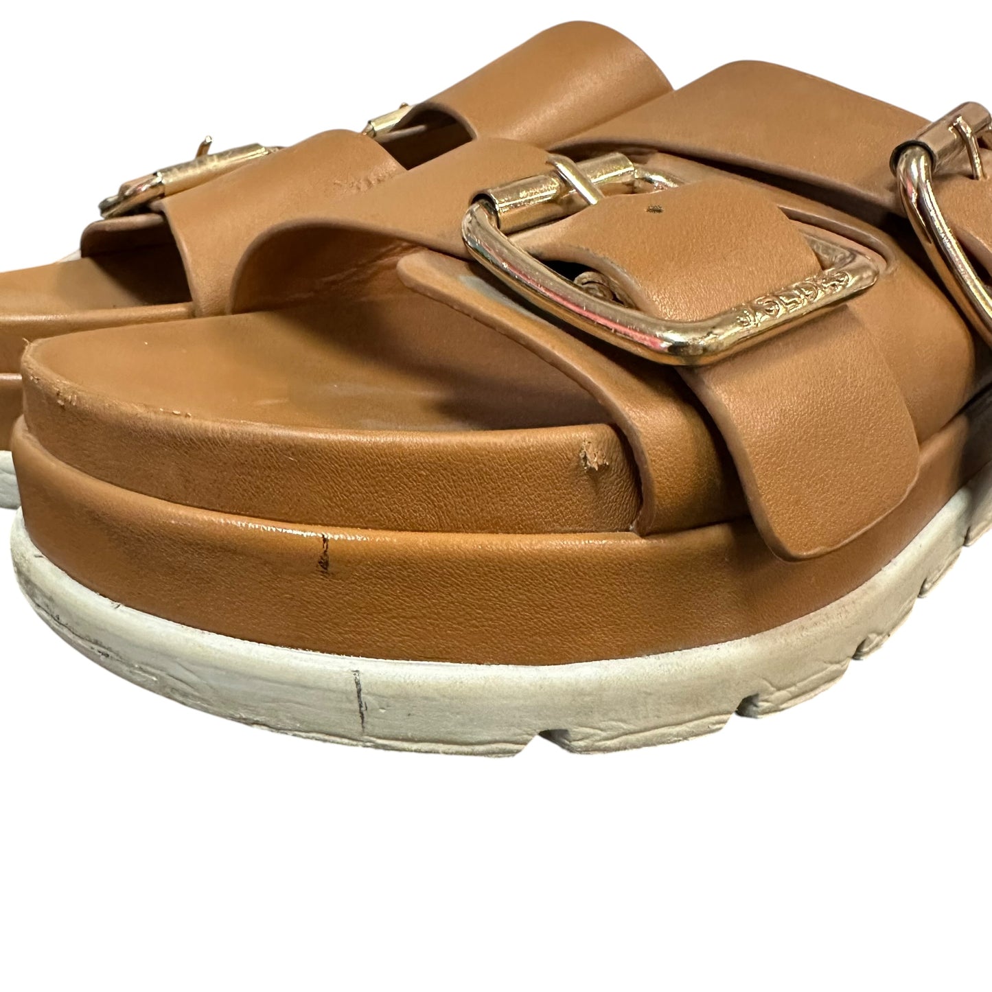 J SLIDES BROWN WHITE PLATFORM SANDALS 279 SZ 10