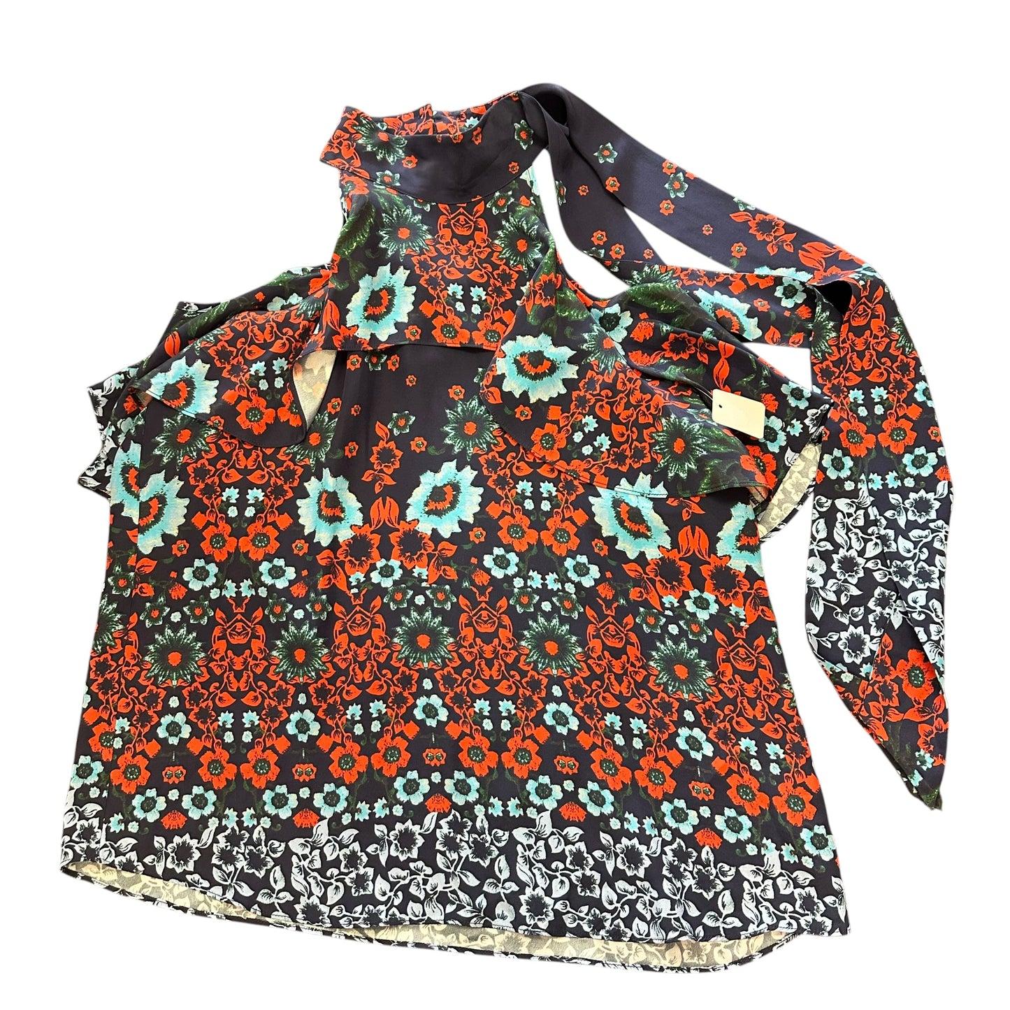 NAVY FLORAL BLOUSE COLD SHOULDER HIGH NECK 100% SILK 249 LARGE