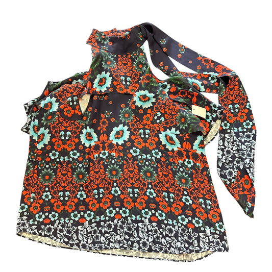 NAVY FLORAL BLOUSE COLD SHOULDER HIGH NECK 100% SILK 249 LARGE