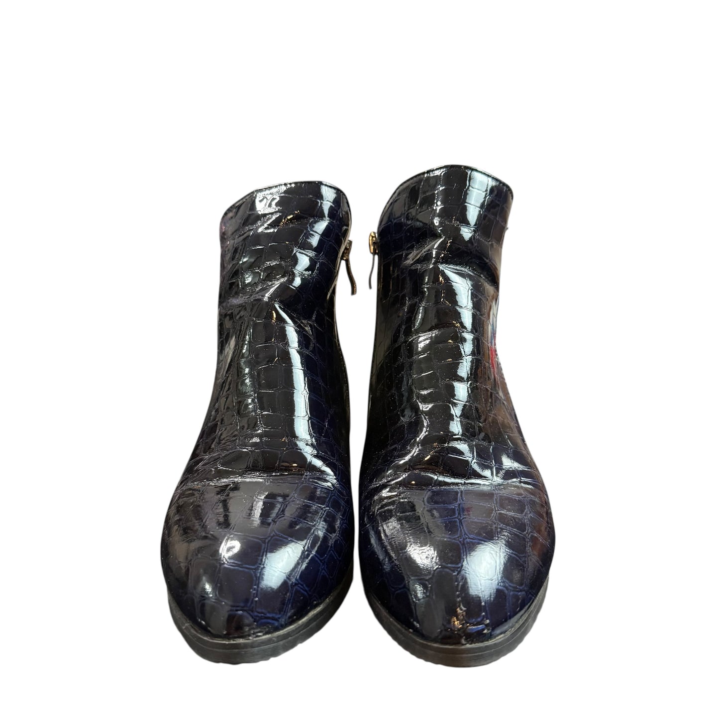 NAVY PATENT LEATHER EMBOSSED ANKLE BOOTIES 218 SZ 40/9