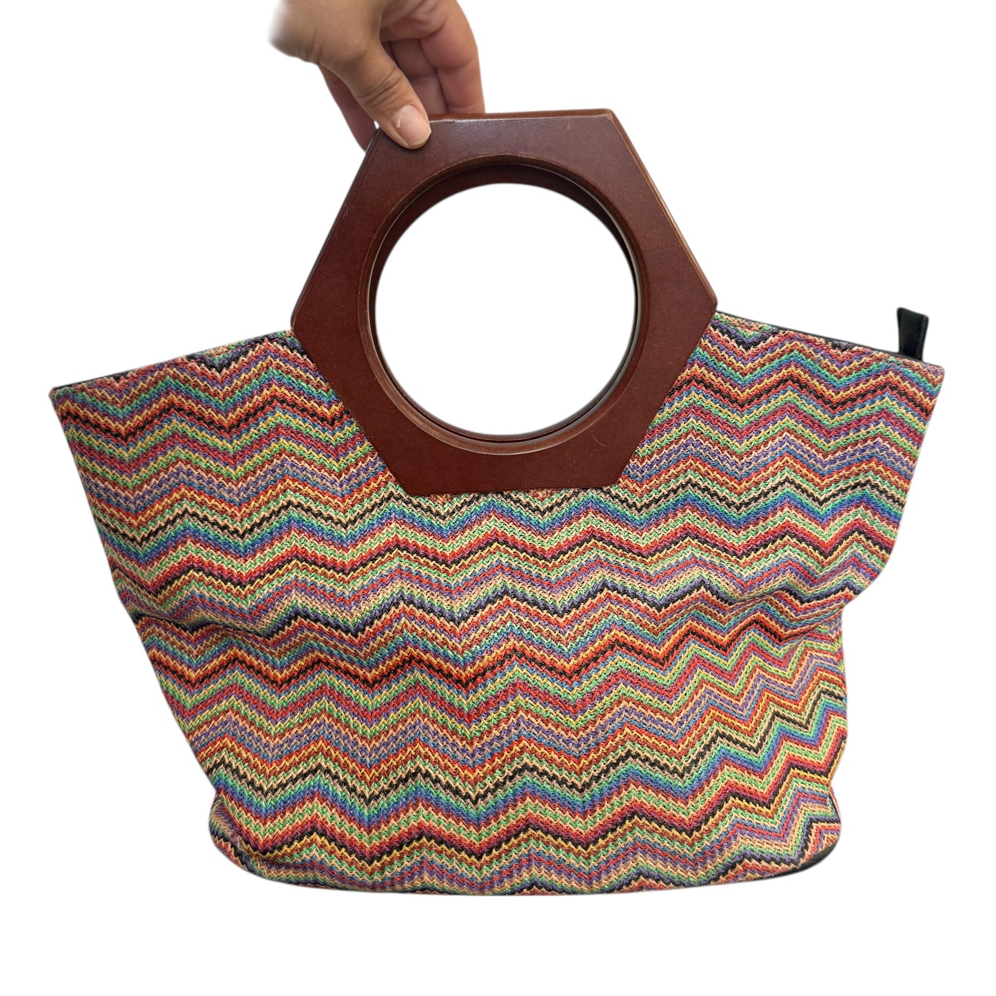COLORFUL CHEVRON WOVEN HANDBAG HEXAGON WOODEN HANDLE 258 OS