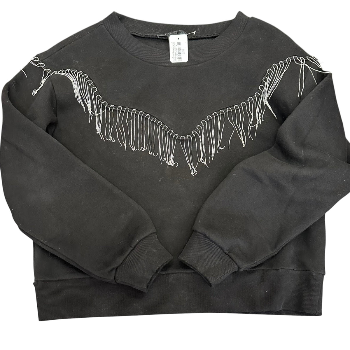 ALL SAINTS BLACK CREWNECK SWEATSHIRT SILVER FRINGE 285 SMALL
