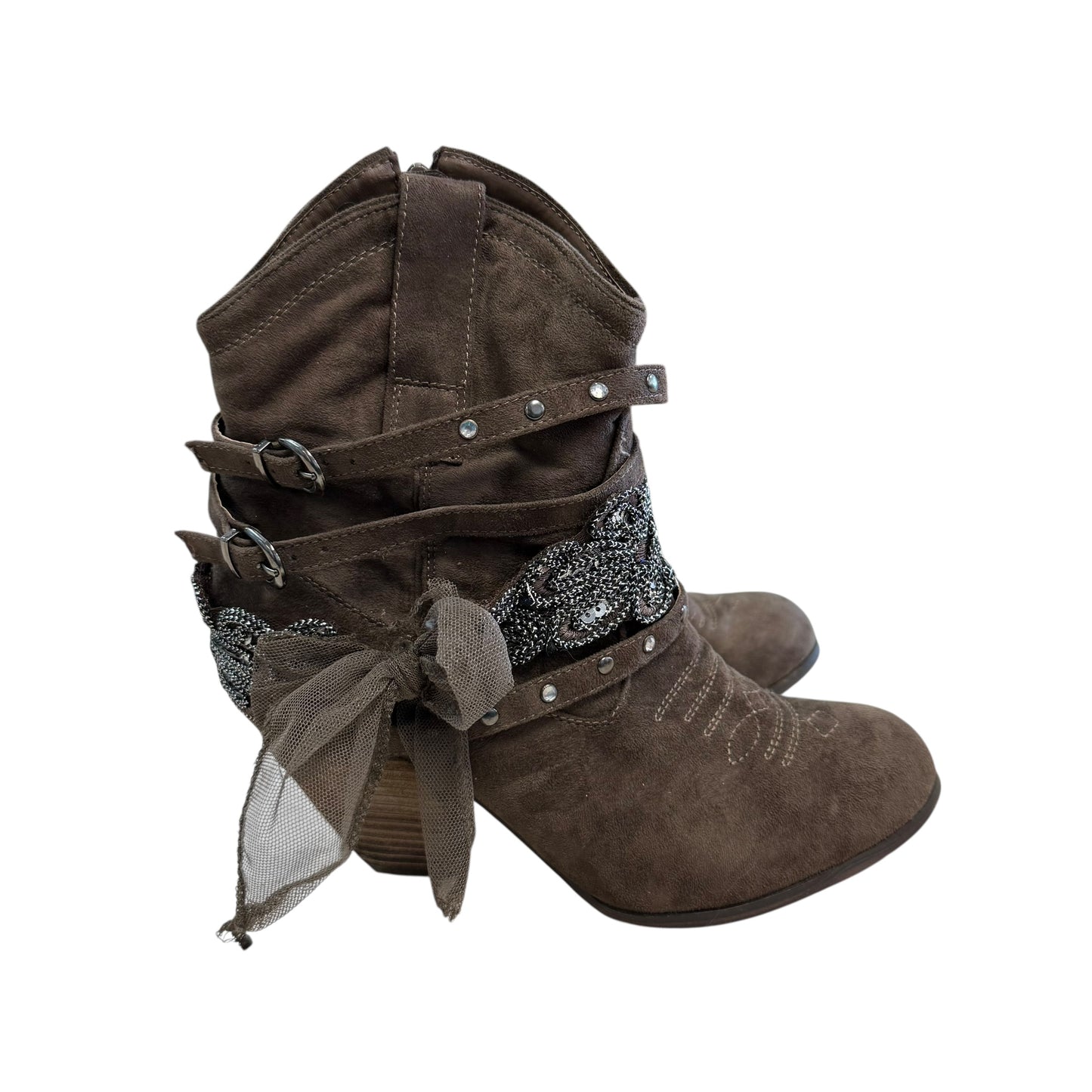 NOT RATED FAUX SUEDE BROWN SLOUCHY BOOTIES EMBELLISHED 219 SZ 9.5
