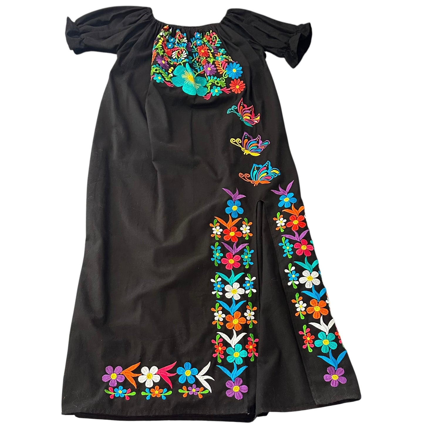 BLACK MEXICAN EMBROIDERED FLORAL DRESS 36 FITS M/L 100% COTTON