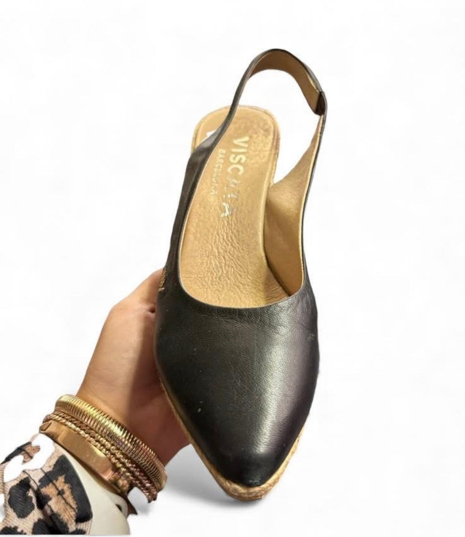 VISCATA PALOMERA CANVAS ESPADRILLE WEDGES BLACK LEATHER 214 SZ 8.5