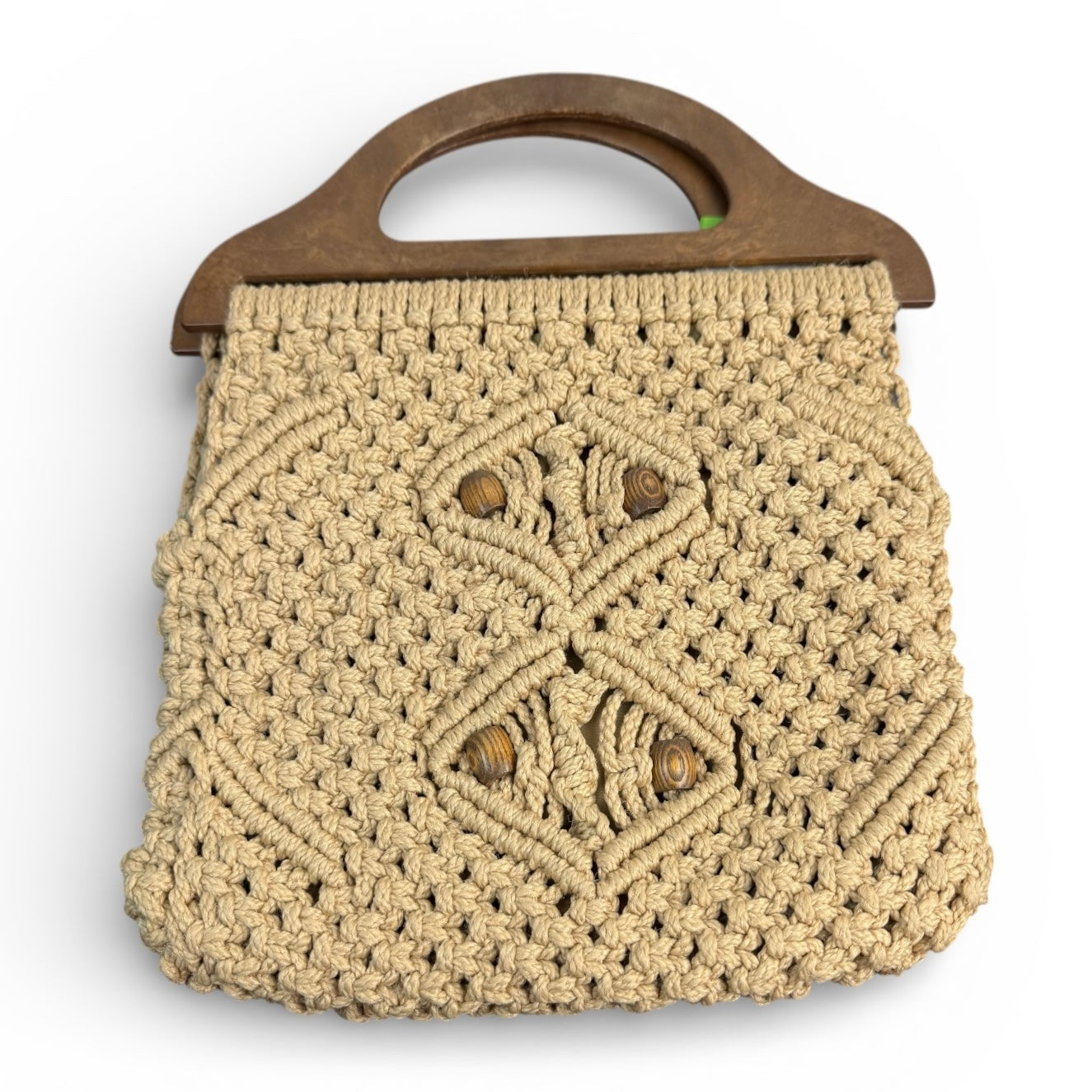 VINTAGE HANDMADE BEIGE MACRAME BAG WOODEN HANDLES BEAD CLAPS 100