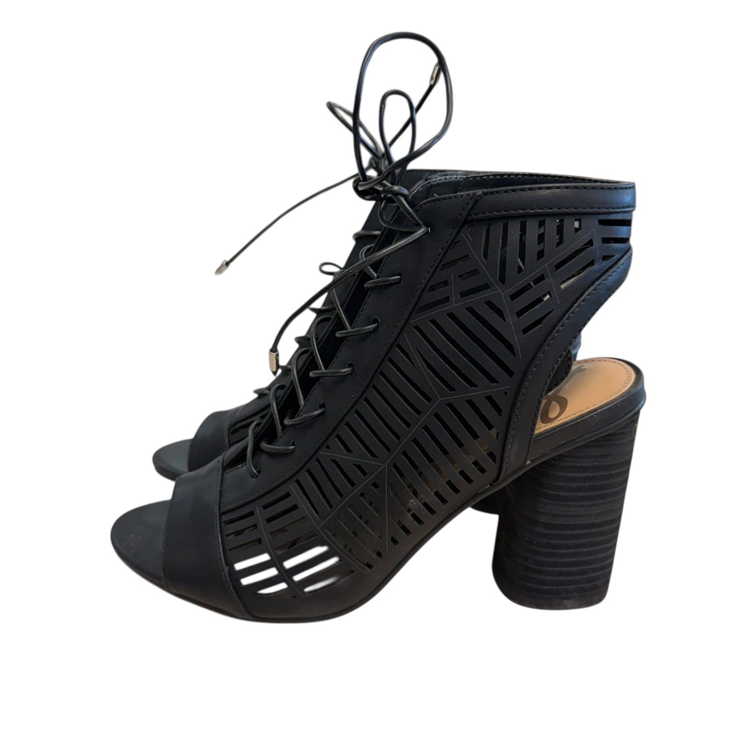 SAM EDLEMAN BLACK FAUX LEATHER ROCCO NAPPA PEEP TOE HEELS 234 SZ 9