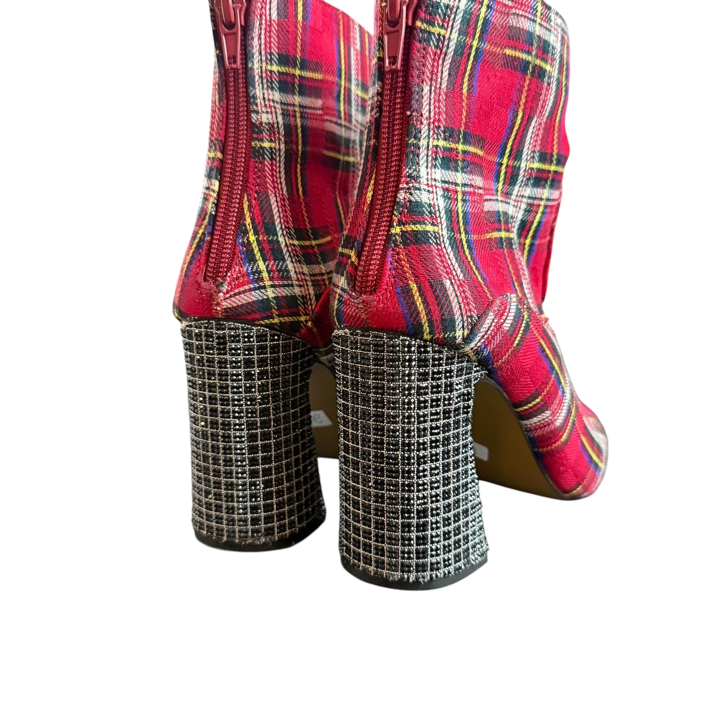 RED PLAID ANKLE BOOTIES EMBELLISHED SQUARE HEEL 248 SZ 7