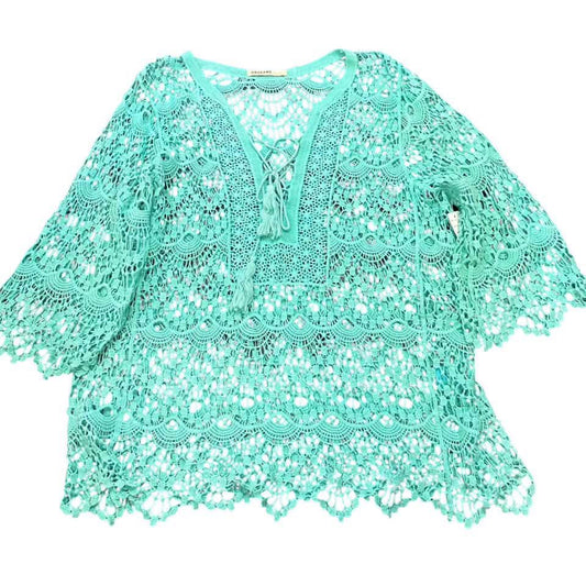 ORIGAMI CROCHET TURQUOISE 3/4 SLEEVE BLOUSE 83 MEDIUM