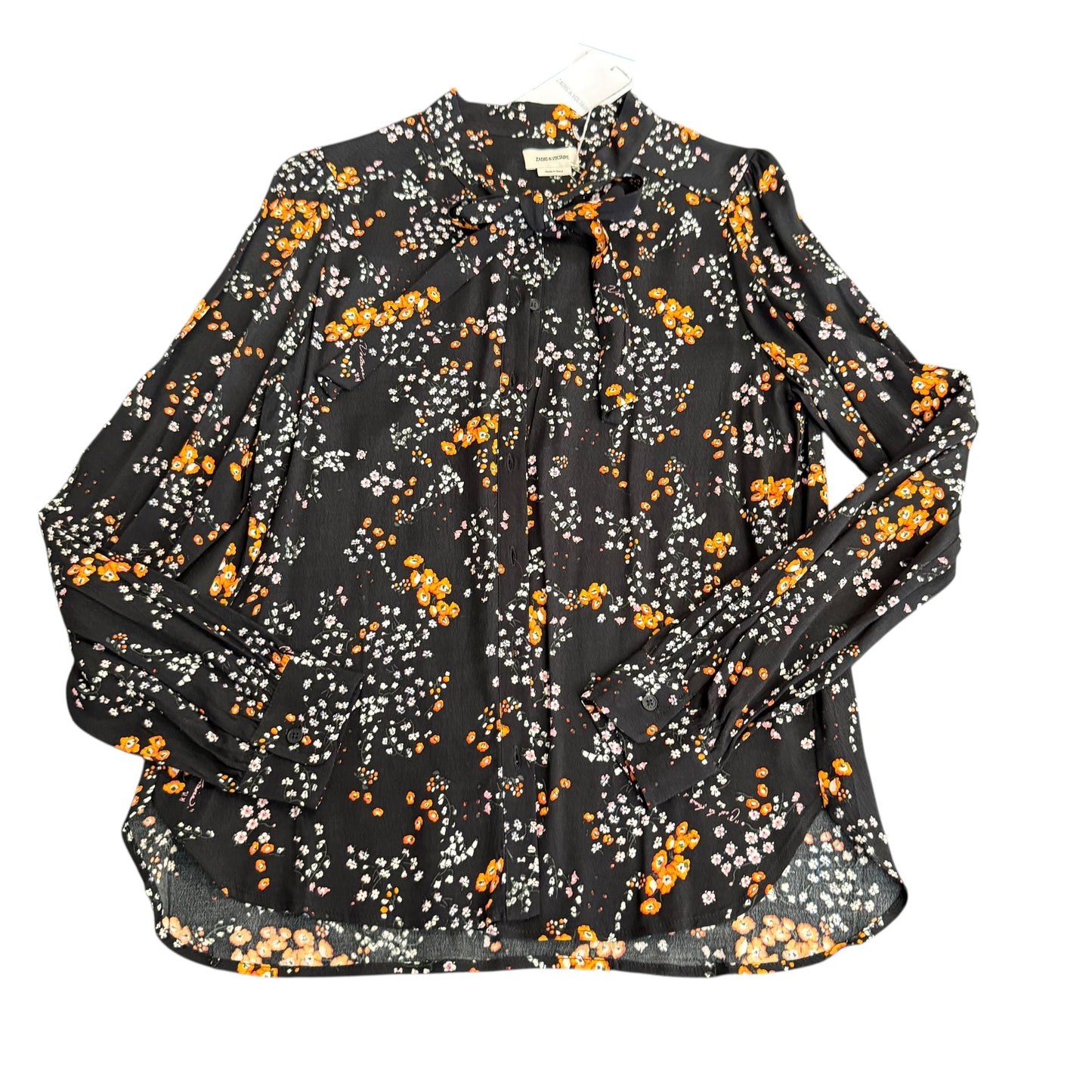 ZADIG & OLTAIRE BLACK FLORAL LONG SLEEVE BLOUSE NWT 122 SMALL