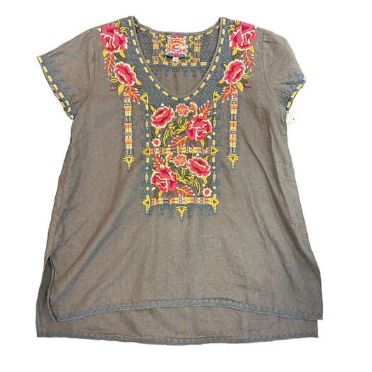 JOHNNY WAS WOMENS GRAY LINEN EMBROIDERED BLOUSE MEDIUM