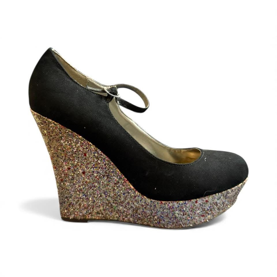 G BY GUESS BLACK GLITTER WEDGES SZ 8