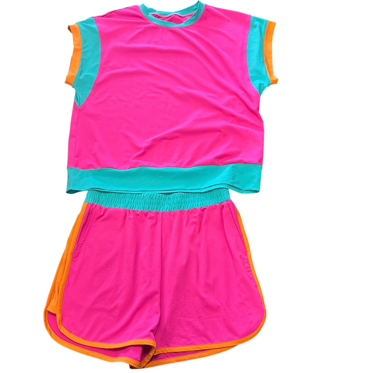 PINK TEAL TWO PIECE SHORT SET 234 LARGE