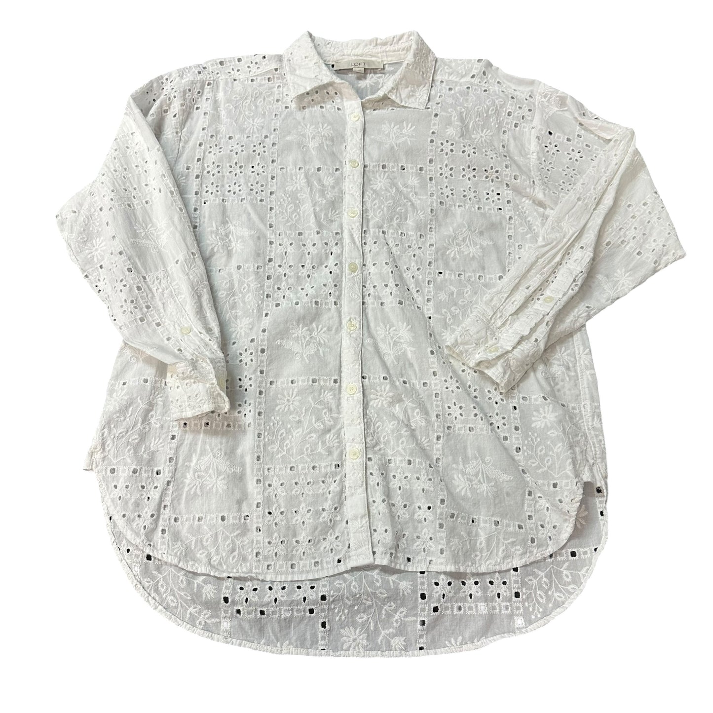 LOFT WHITE EYELET BUTTON UP BLOUSE 26 MEDIUM