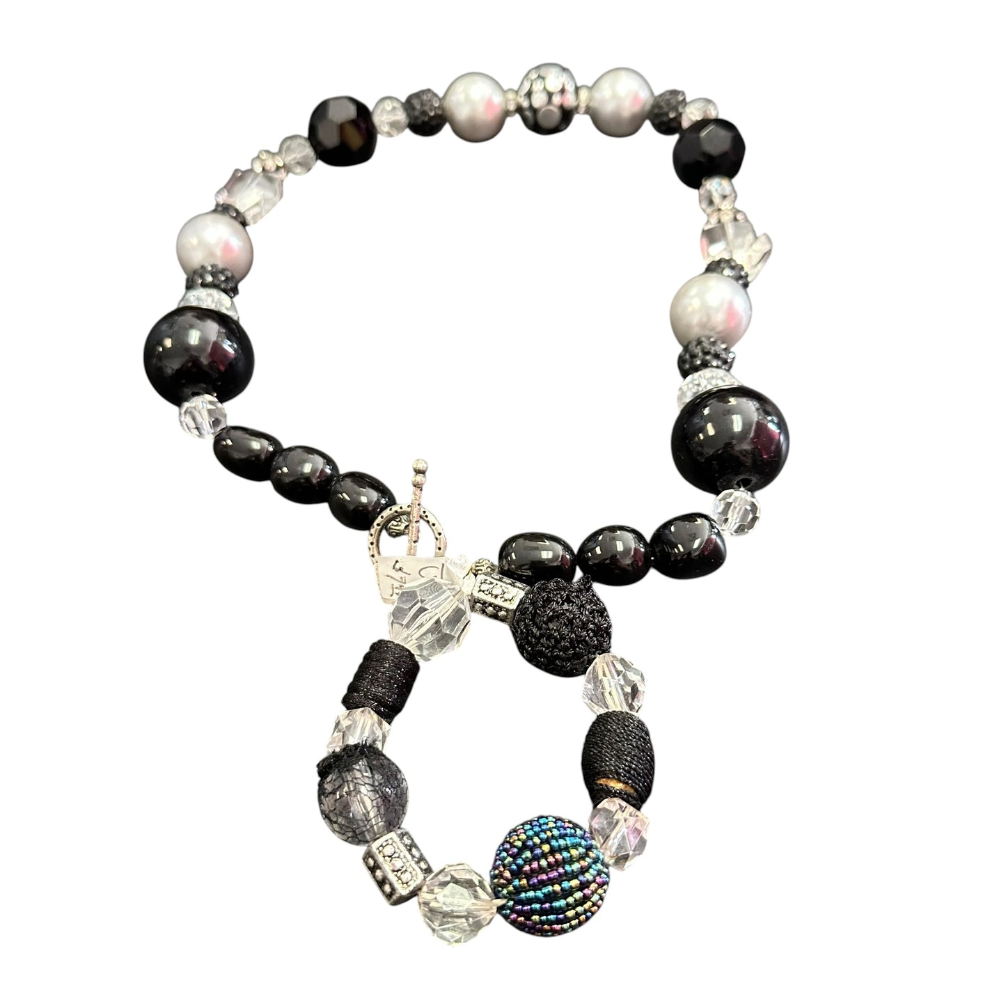 BLACK SILVER BUBBLEGUM BEADED NECKLACE CRYSTAL ACCENT W BRACELET 15 OS