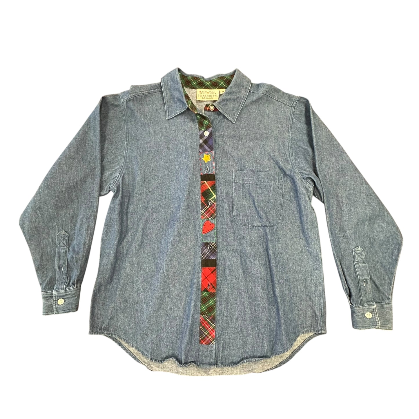 SUSAN BRISTOL BLUE DENIM HOLIDAY BUTTON UP BLOUSE 115 MEDIUM PETITE