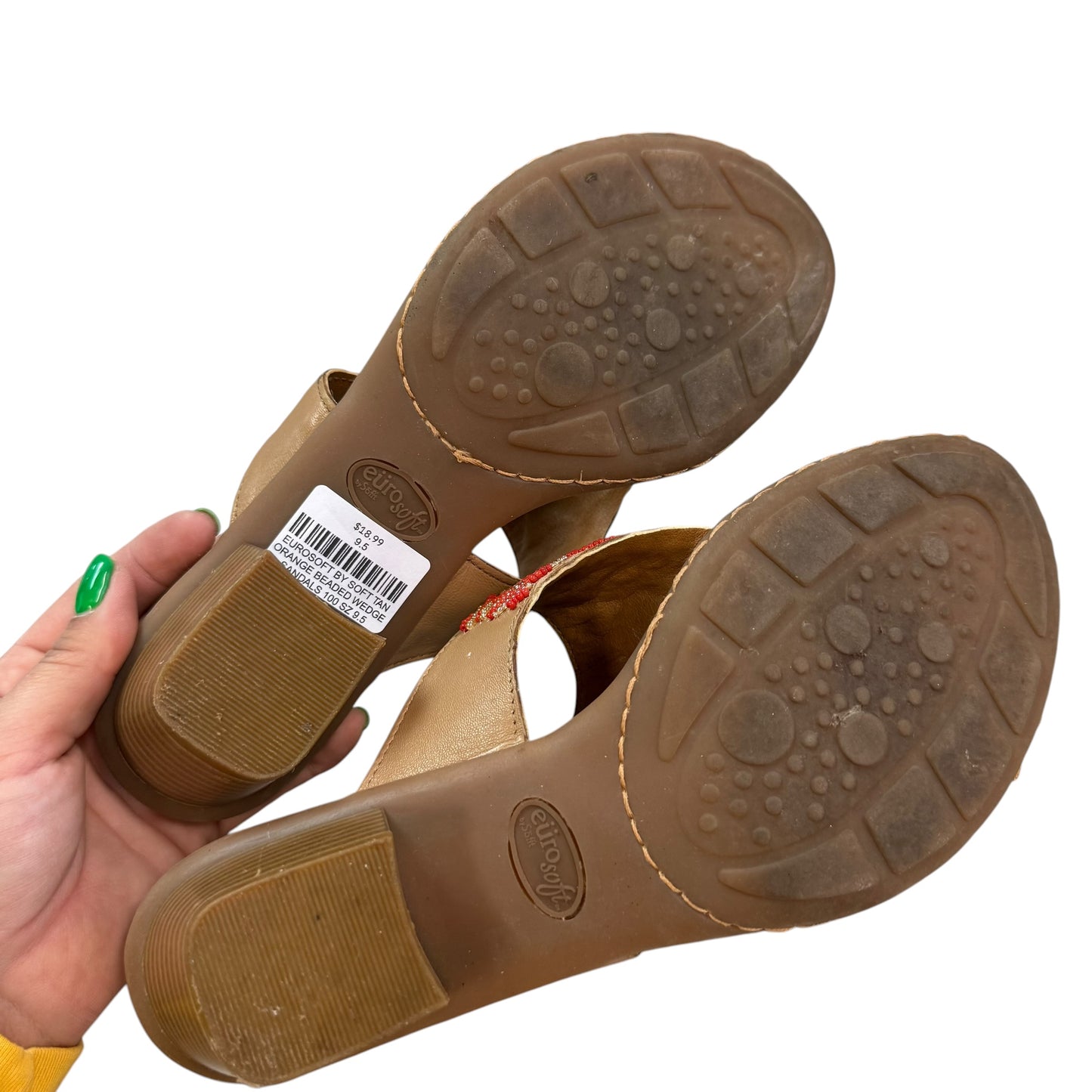 EUROSOFT BY SOFT TAN ORANGE BEADED WEDGE SANDALS 100 SZ 9.5