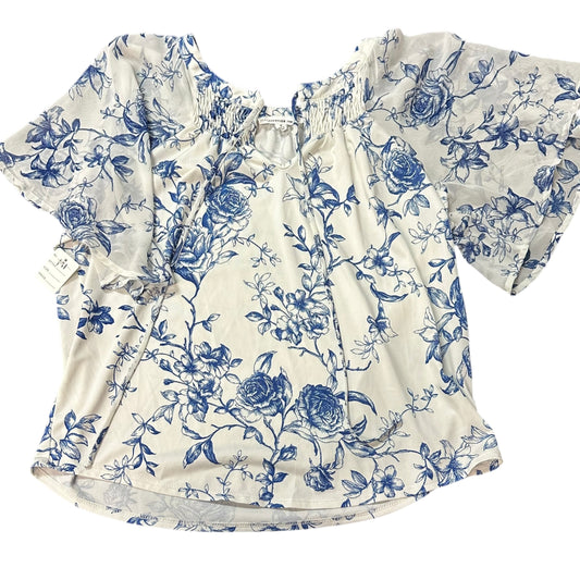 PERSEPTION CONCEPT BLUE WHITE FLORAL BLOUSE FLUTTER SLEEVES 171 SMALL