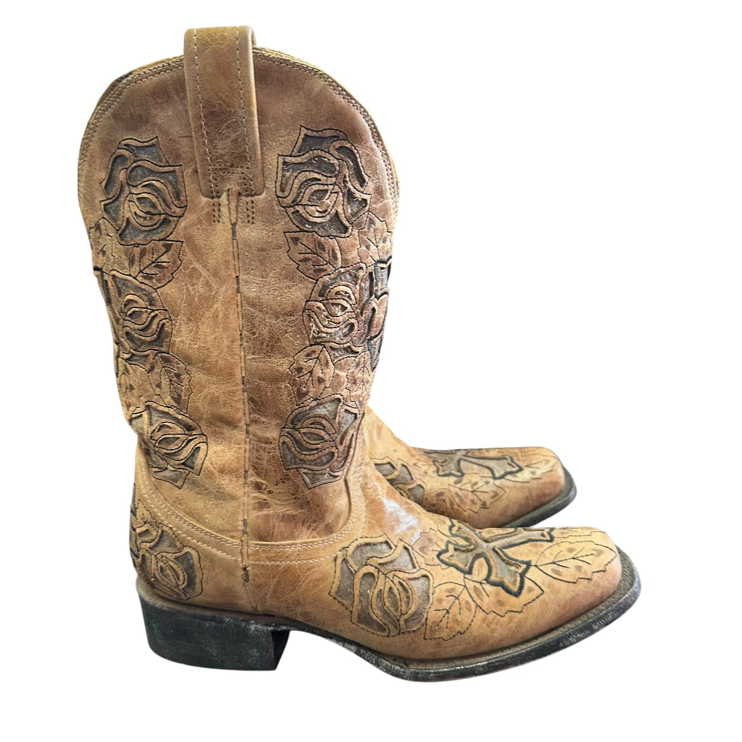 CORRAL BOOTS WESTERN COWBOY SADDLE BROWN ROSE CROSS SQ TOE 100 SZ 8