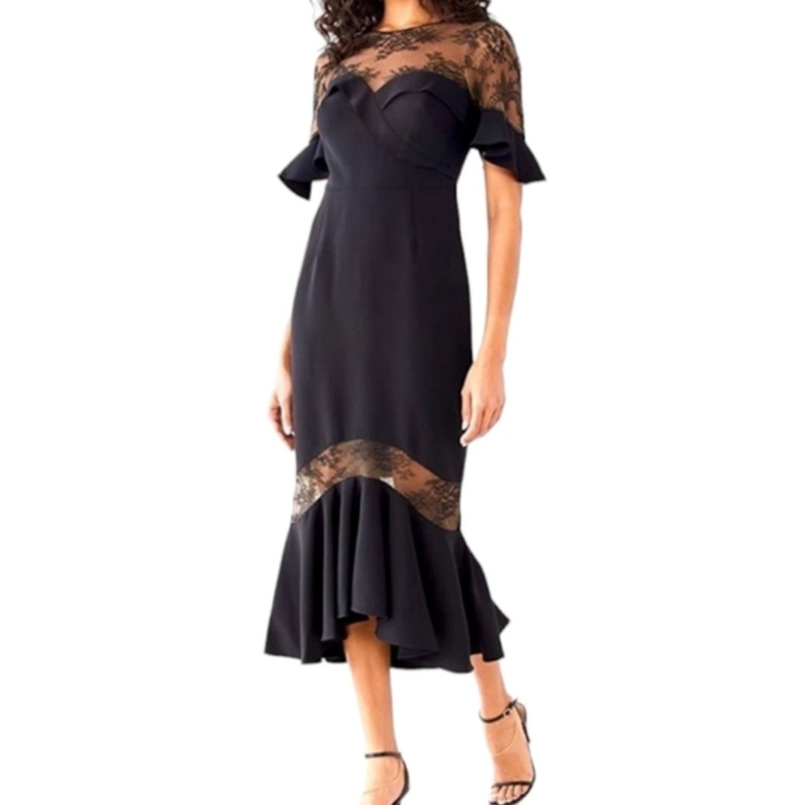 MARCHESA NOTTE CREPE BLACK LACE FLUTTER SLEEVE COCKTAIL DRESS 249 SZ 10