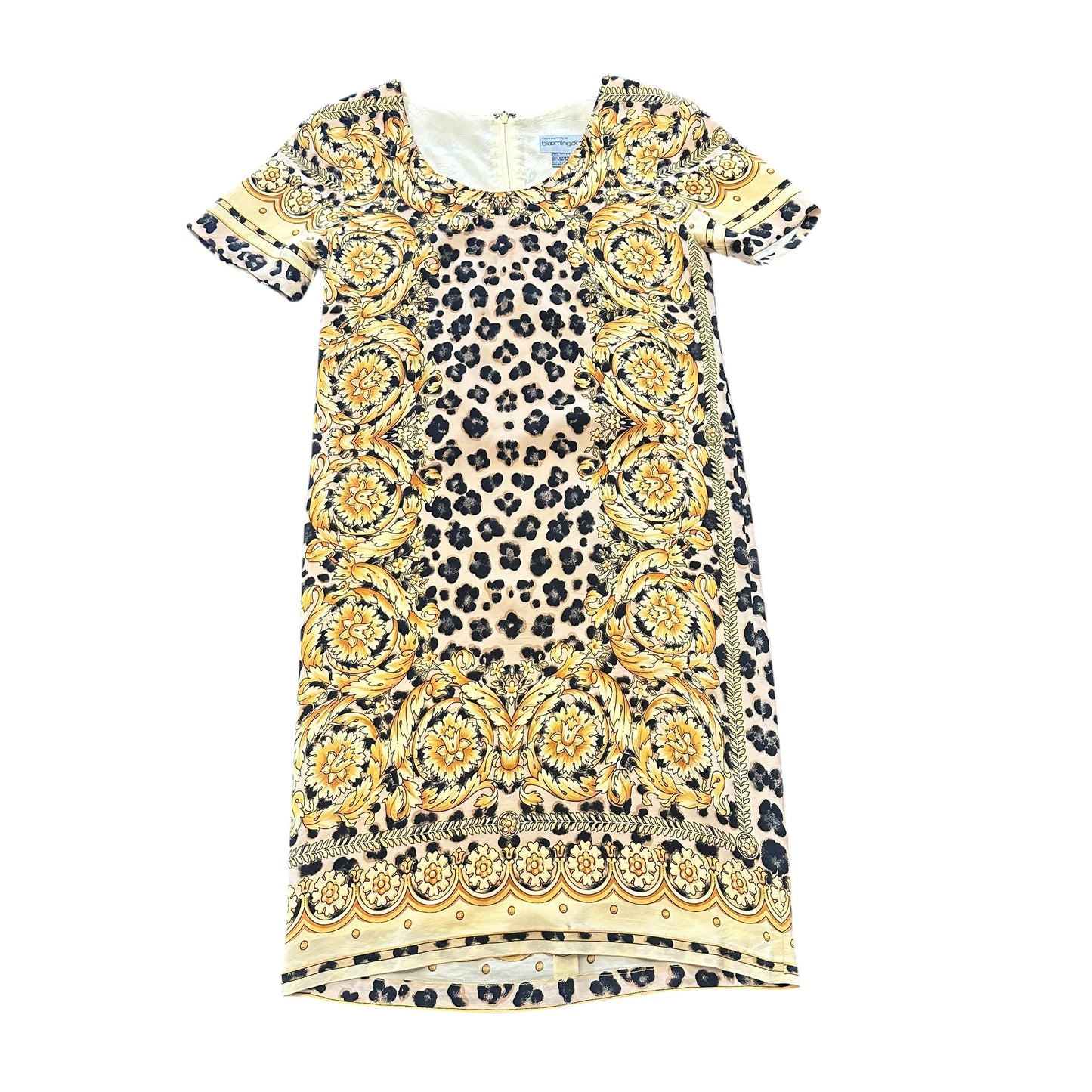 BLOOMINGDALES GOLD BLACK ANIMAL PRINT SILK DRESS VINTAGE 166 SZ 4