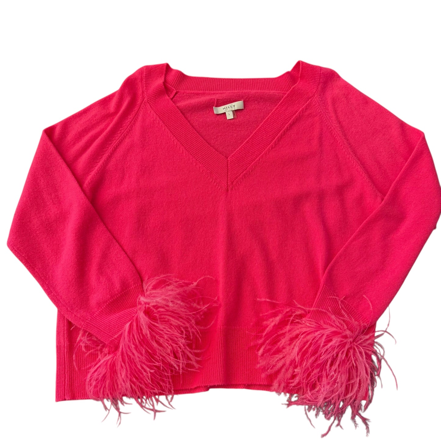 MILLY PINK WOOL CASHMERE BLEND SWEATER W FEATHERS 249 LARGE