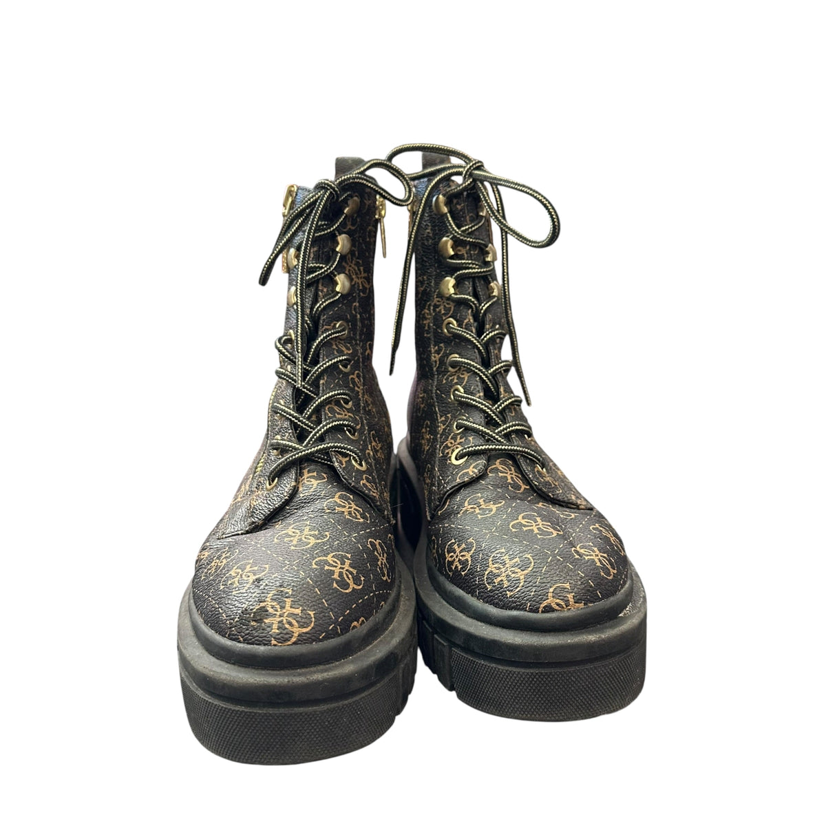 GUESS FERINA COMBAT BOOTS LOGO MONOGRAM BROWN CHUNKY LUG SOLE 293 SZ 11