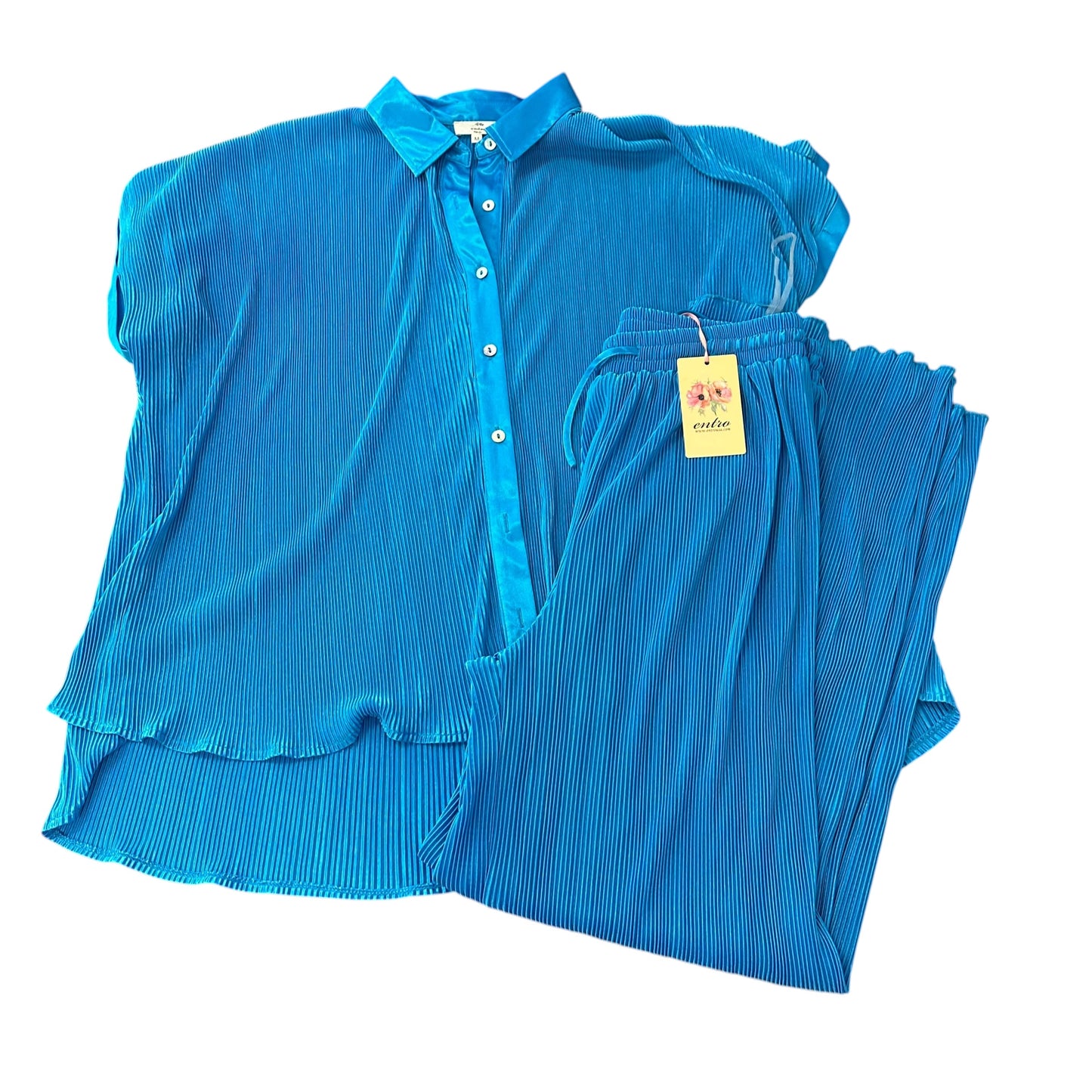 ENTRO BLUE PLEATED 2 PC WIDE LEG PANTS SUIT 100 MEDIUM