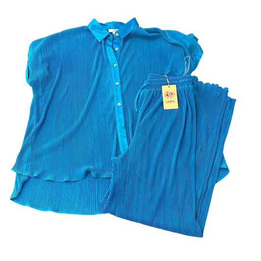 ENTRO BLUE PLEATED 2 PC WIDE LEG PANTS SUIT 100 MEDIUM