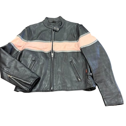 HOT LEATHER BLACK PINK BIKER LEATHER JACKET LINED LARGE