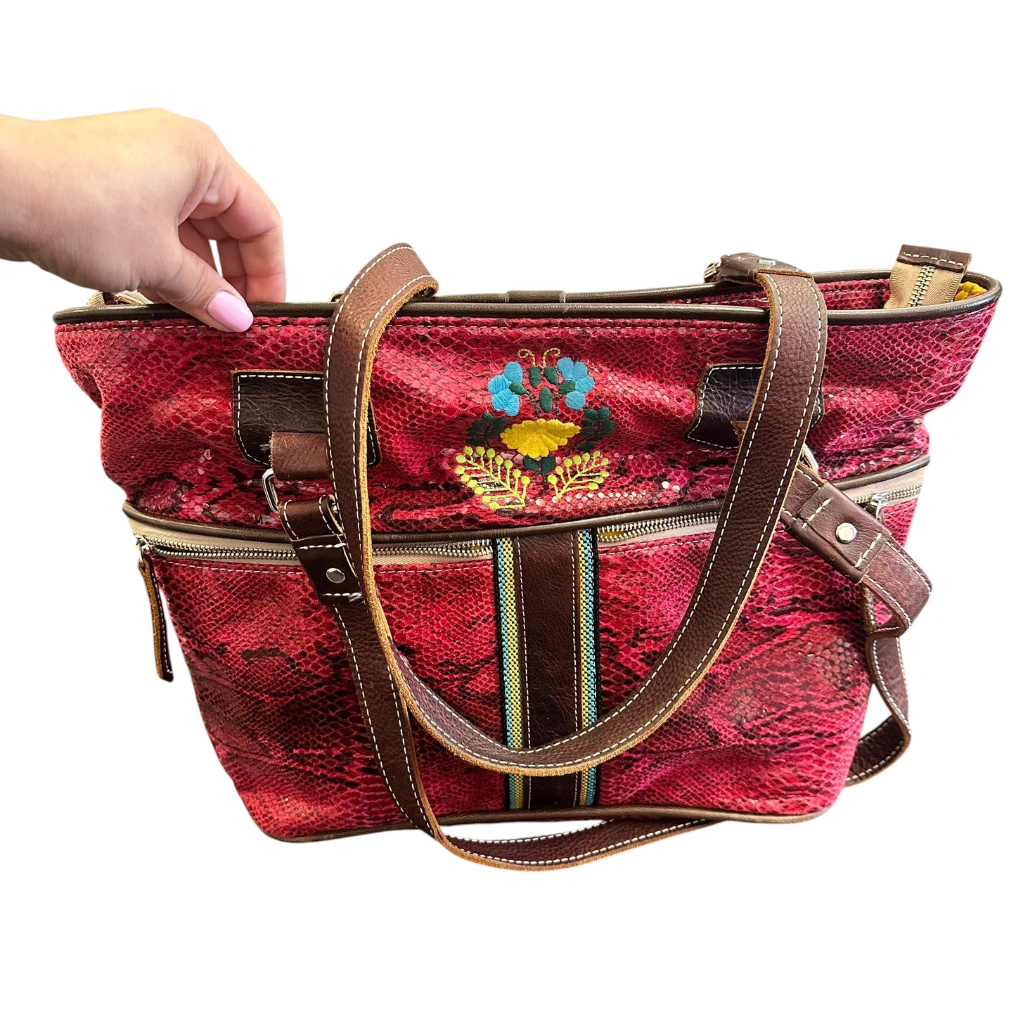 CONSUELA SNAKESKIN TOTE BAG BROWN LEATHER 258 EUC