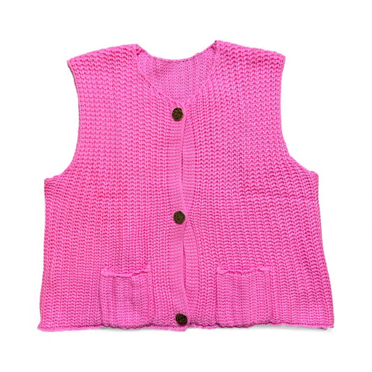 PINK CHUNKY KNIT SWEATER VEST W GOLD BUTTONS 100 XL NWOT