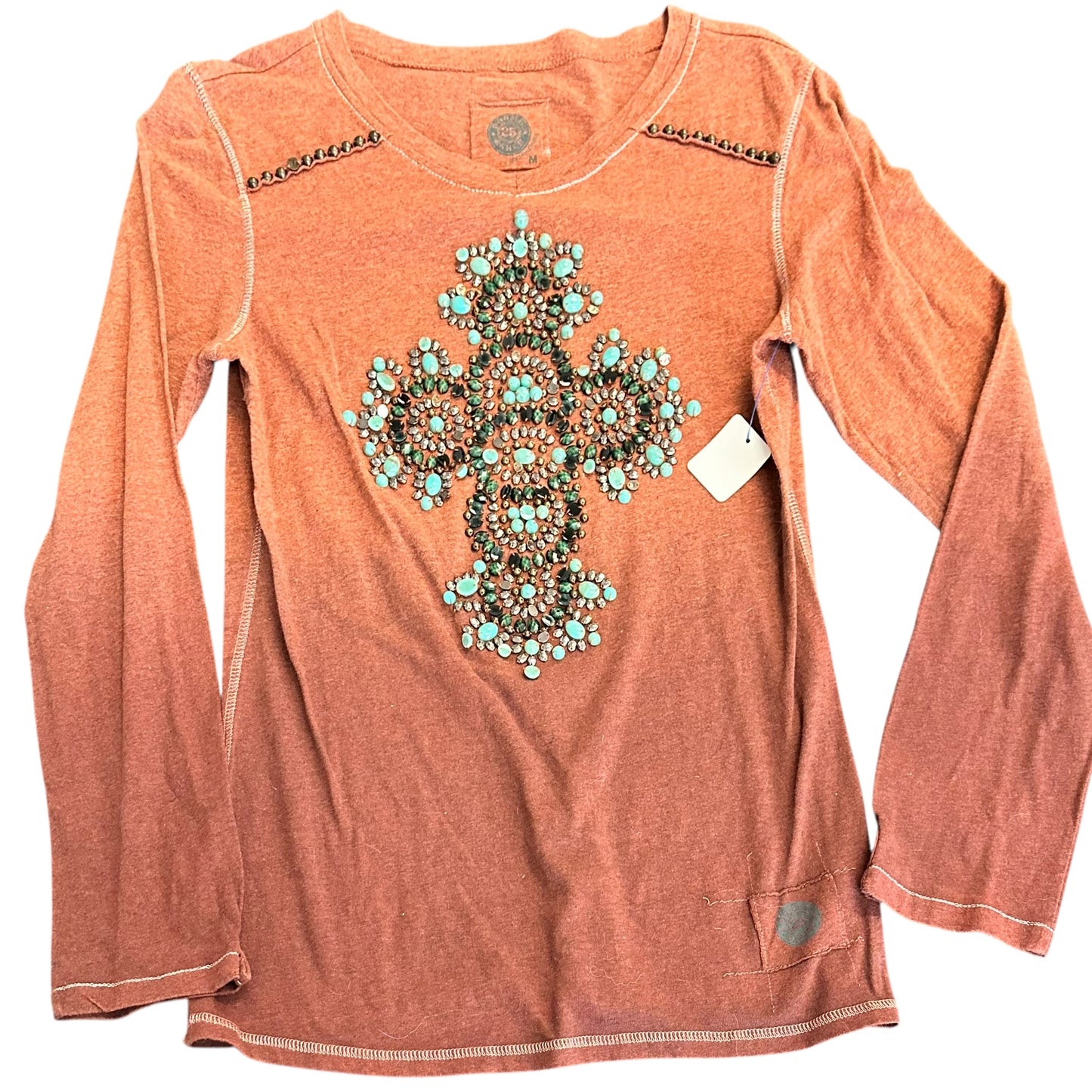 DOUBLE D RANCH BURNT ORANGE CROSS TURQUOISE TOP 251 MEDIUM