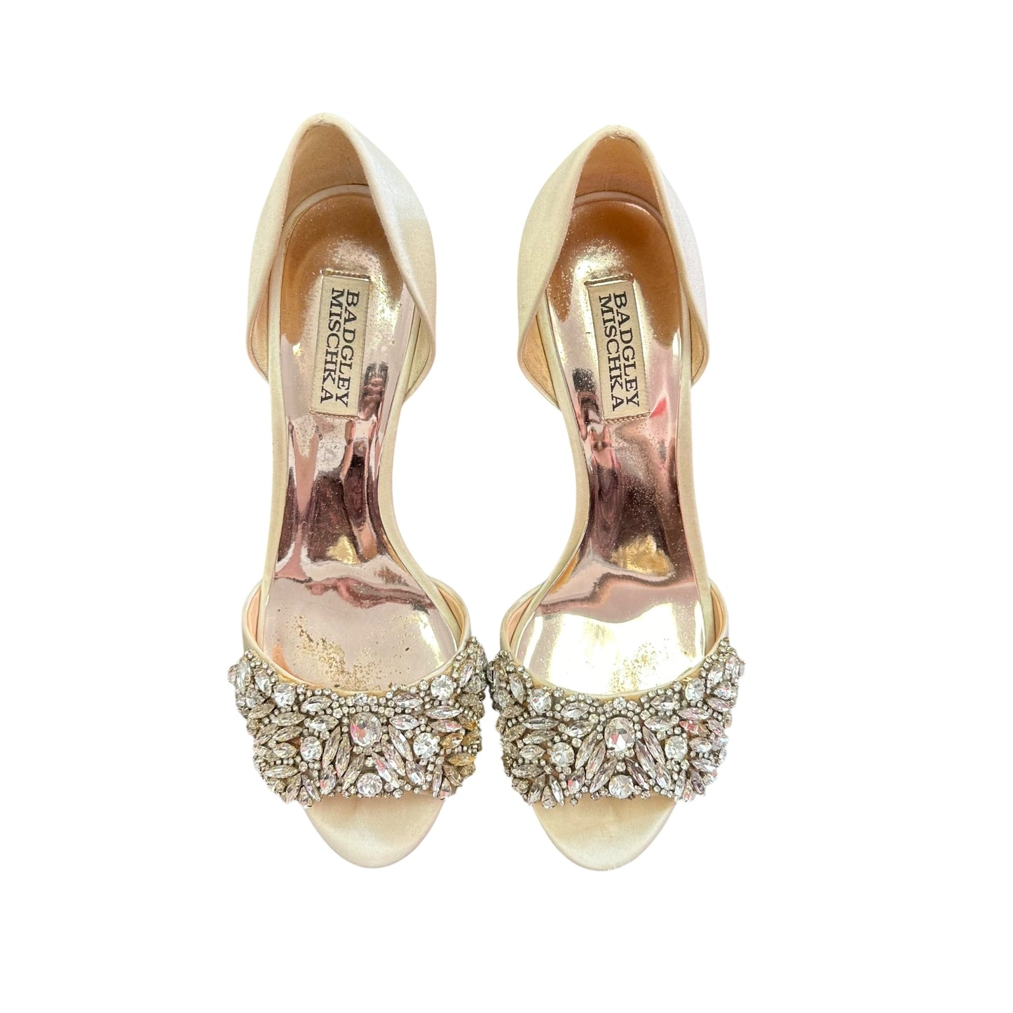 BADGLEY MISCHKA HANSEN HEELS IVORY SATIN 119 SZ 7.5
