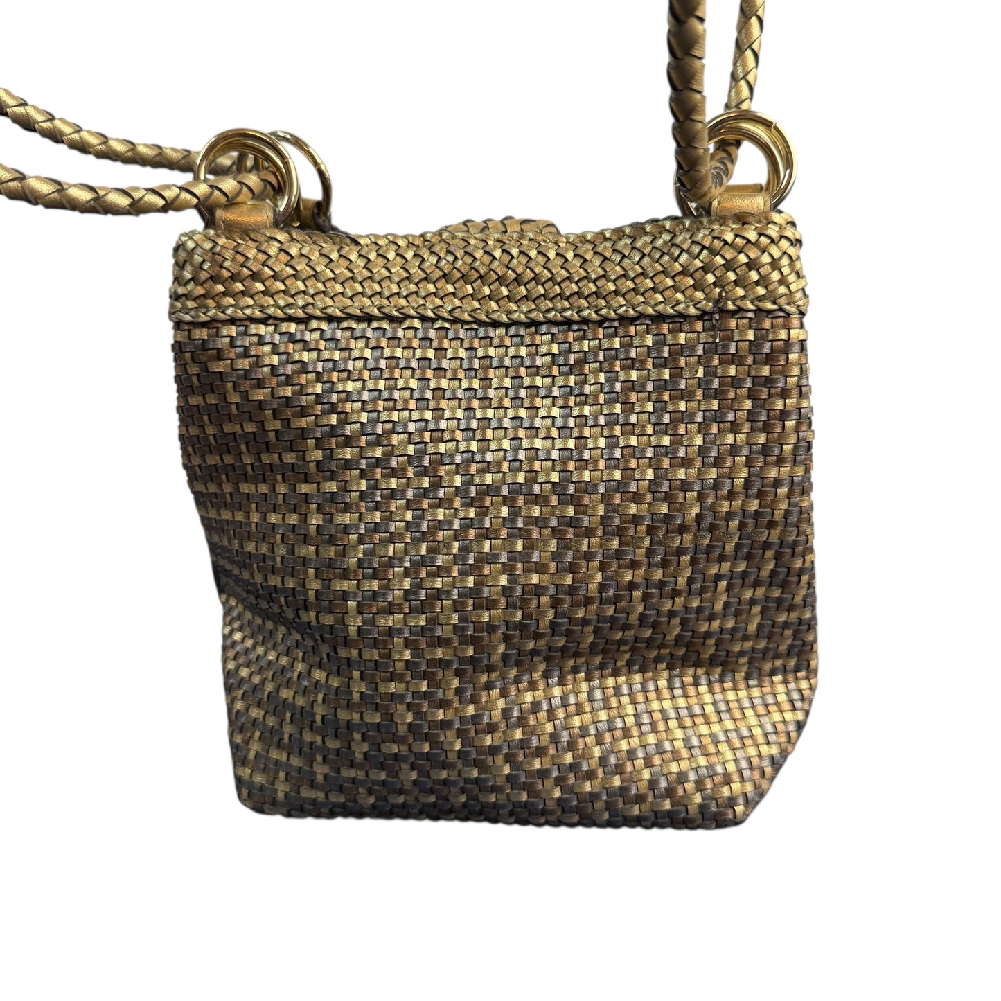 VINTAGE METALLIC GOLD BRONZE WOVEN FAUX LEATHER HANDBAG 100