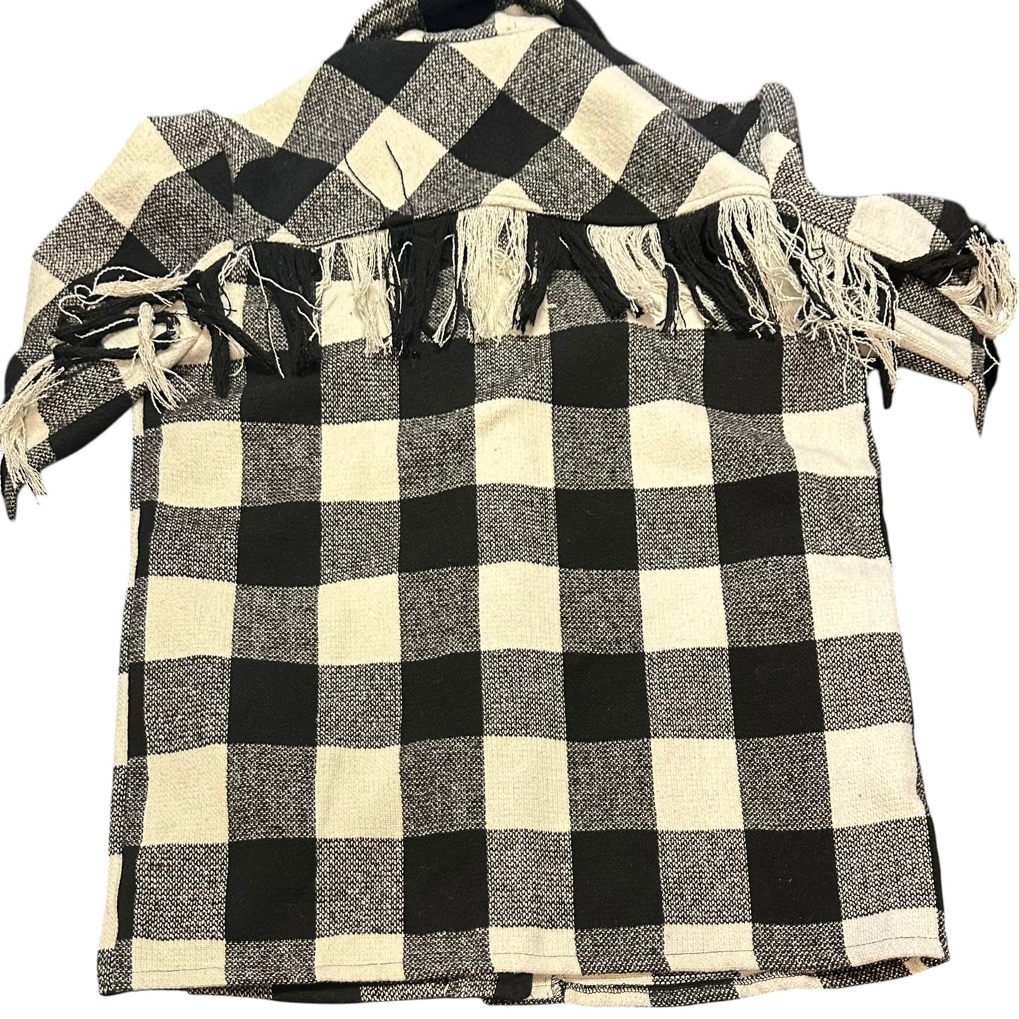 SHE + SKY WHITE BLACK BUFFALO PLAID FRINGE SHACKET 100 LARGE