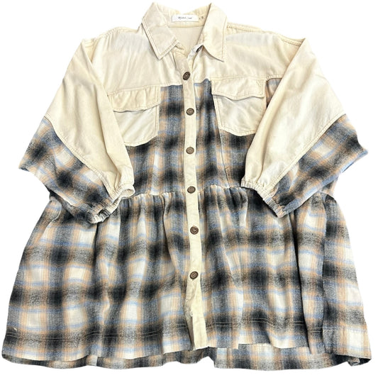 MUSTARD SEED CREAM BLUE PLAID SHIRT DRESS 100 LARGE
