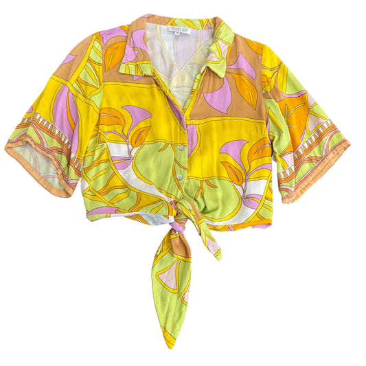 RACHEL ZOE ABSTRACT YELLOW CROPPED BLOUSE 158 MEDIUM