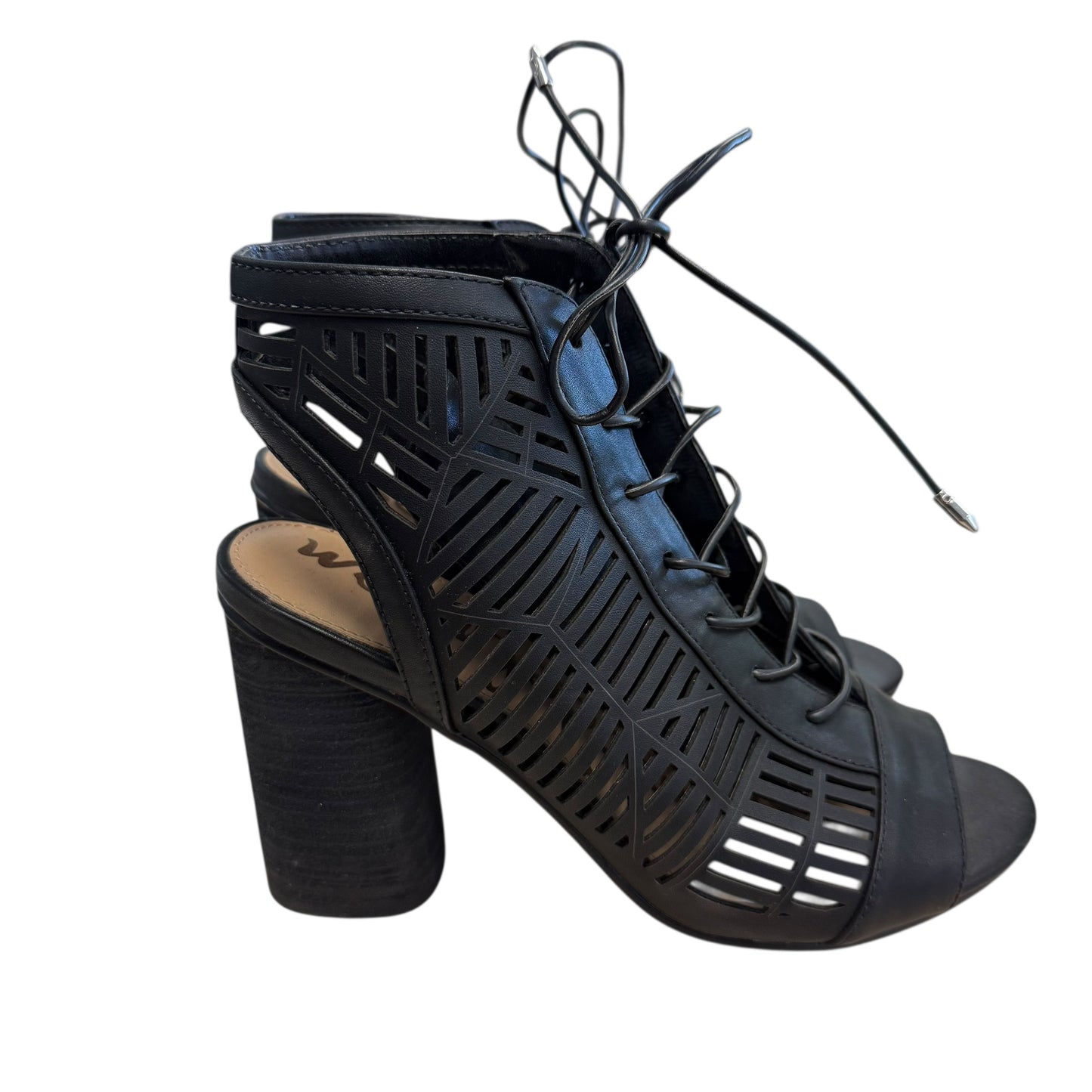 SAM EDLEMAN BLACK FAUX LEATHER ROCCO NAPPA PEEP TOE HEELS 234 SZ 9