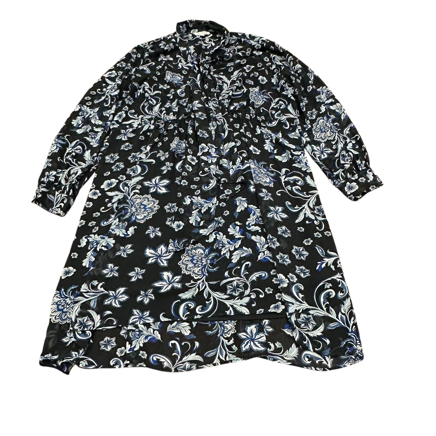ROZ & ALI BLACK WITH BLUE FLOWER DESIGN LONG SLEEVE DRESS16 Sz 20