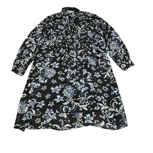 ROZ & ALI BLACK WITH BLUE FLOWER DESIGN LONG SLEEVE DRESS16 Sz 20