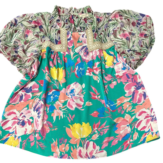 JODIFL GREEN FLORAL PUFF SLEEVE BLOUSE 279 LARGE