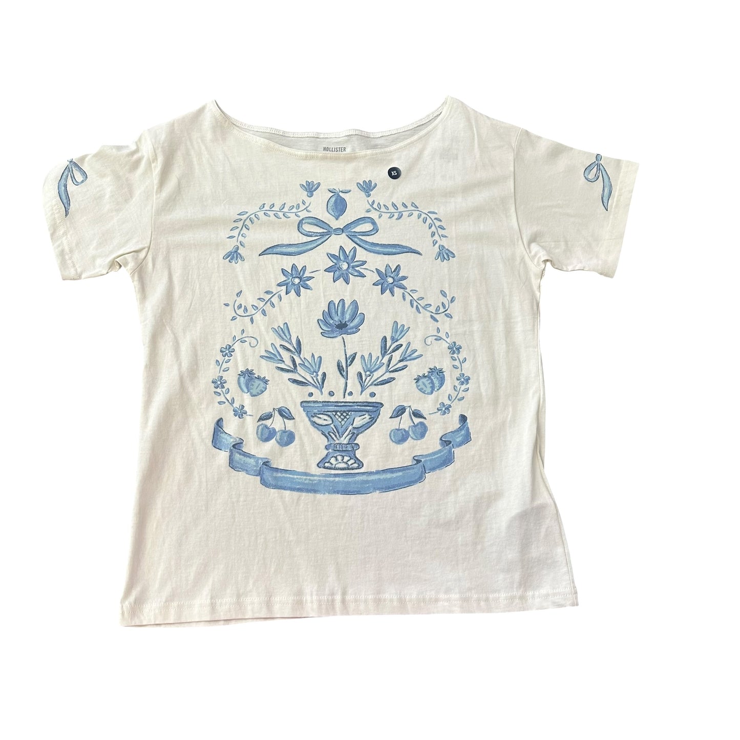 HOLLISTER BEIGE TSHIRT BLUE BOWS NWT 122 XS