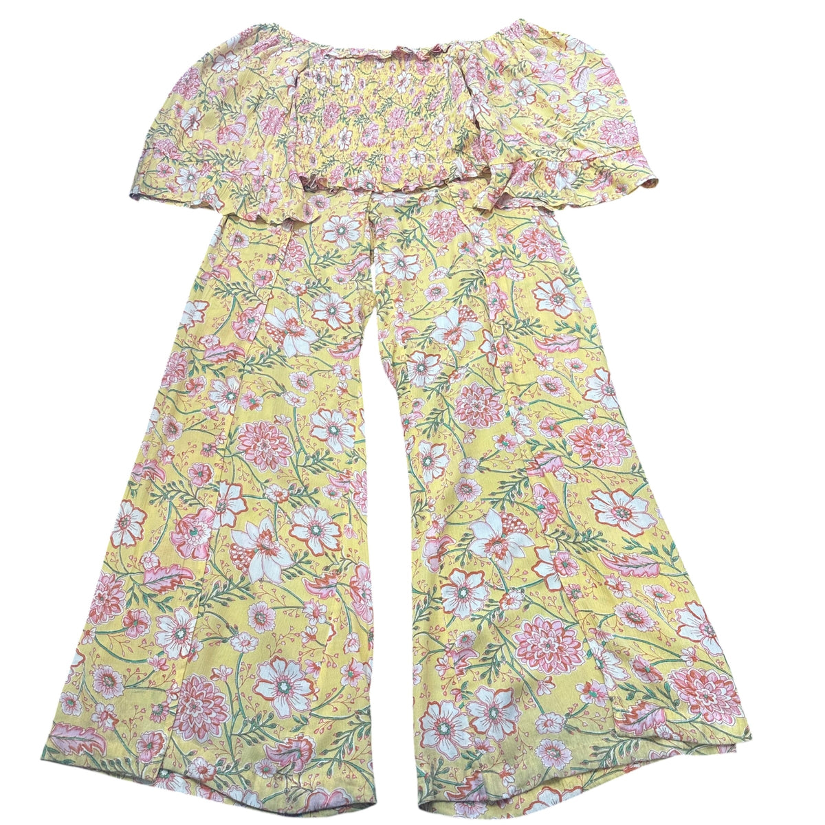BILLABONG YELLOW FLORAL SMOCKED WIDE LEG 2 PC SET 169 LARGE
