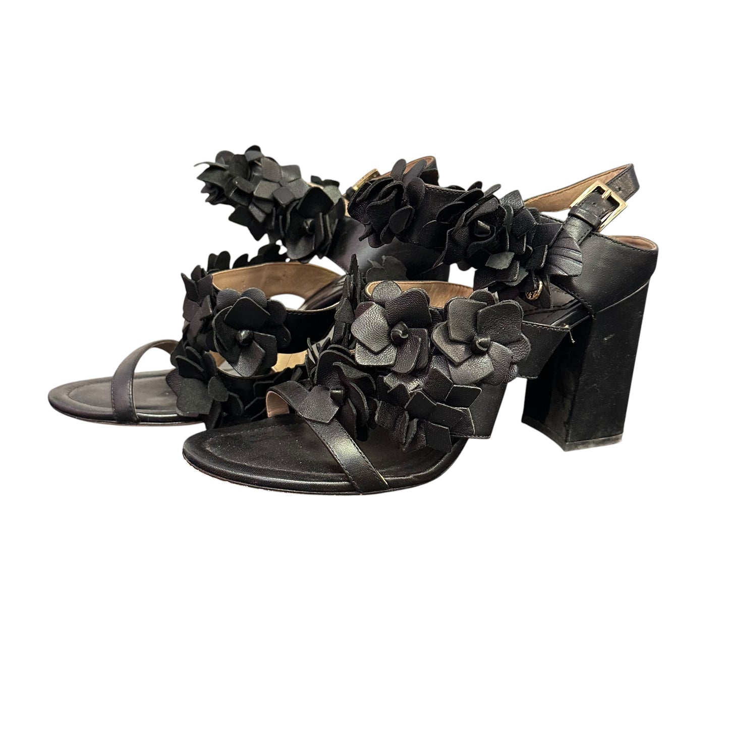 TORY BURCH BLACK LEATHER FLORAL HEELS SZ 7.5