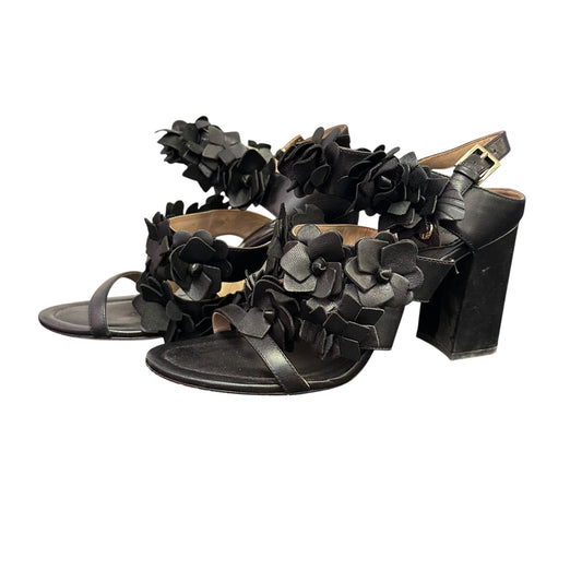 TORY BURCH BLACK LEATHER FLORAL HEELS SZ 7.5