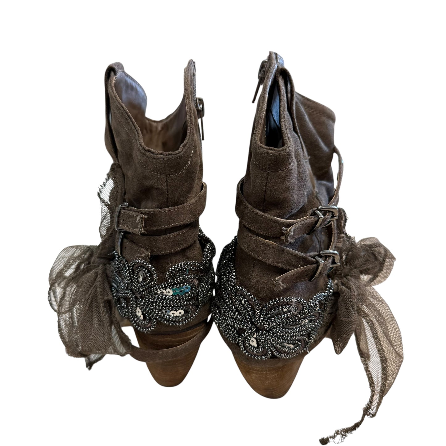 NOT RATED FAUX SUEDE BROWN SLOUCHY BOOTIES EMBELLISHED 219 SZ 9.5