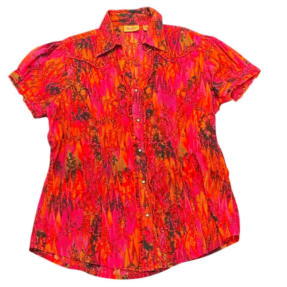 WRANGLER PINK RED BROWN BUTTON UP SNAP BUTTONS 100 LARGE