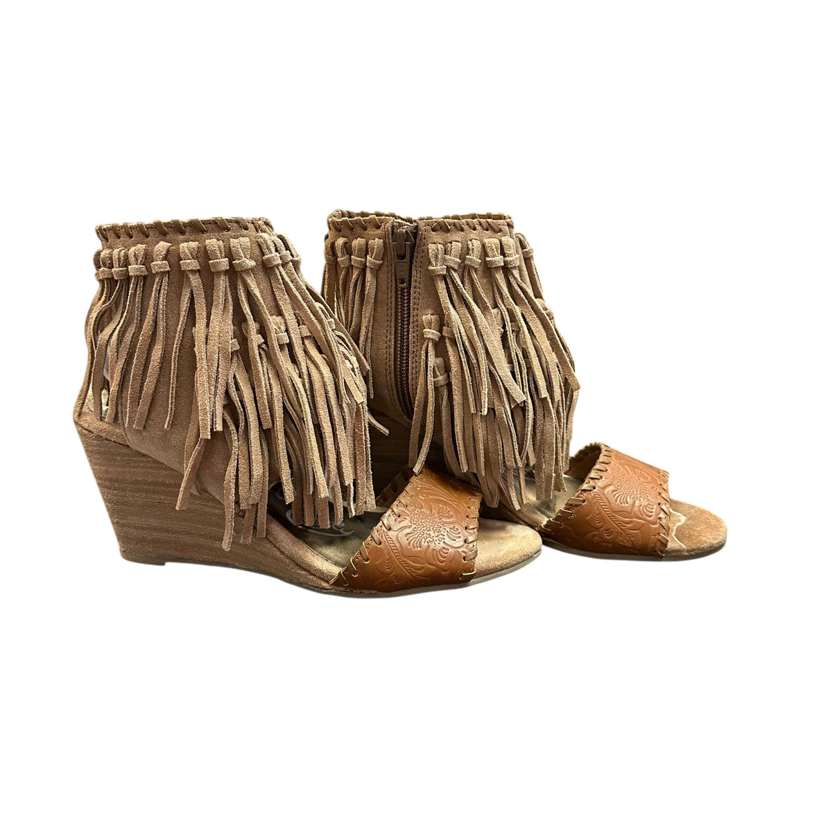 NAUGHTY MONKEY TAN TRUE FRINGE WEDGES 246 SZ 8