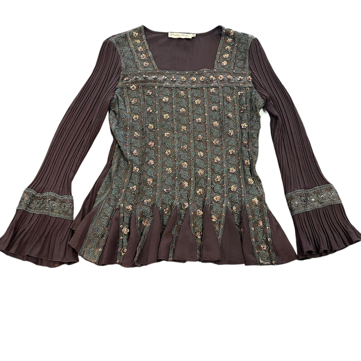 PRETTY ANGEL BROWN PLEATED EMBELLISHED BLOUSE 216 MEDIUM